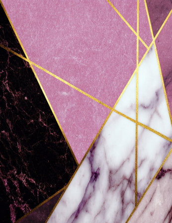 This image presents an abstract composition with geometric shapes and textures. The design features a blend of pink, white, and black marble-like patterns, intersected by gold lines. The overall style is modern and sophisticated, with potential uses in design, branding, or decorative applications, suggesting versatility for creative projects.の素材