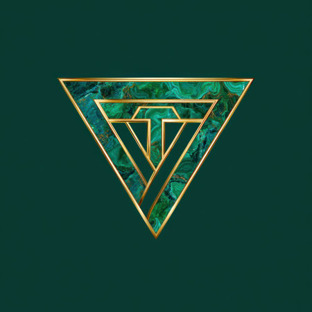 A sophisticated geometric design features a triangle shape with emerald green and gold accents. The artwork showcases detailed textures and a clean, modern style against a dark green backdrop. Suitable for various creative projects, this image may be used for editorial design or marketing purposes.の素材