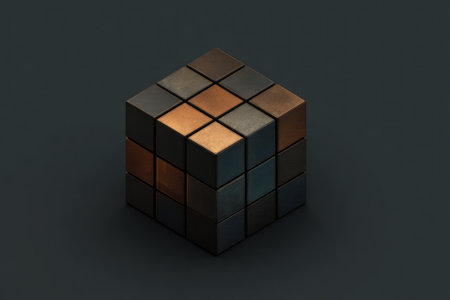 This image showcases a three-dimensional geometric cube composed of metallic elements. The cube features various shades of bronze, copper, and dark gray, creating a striking contrast. The composition is set against a dark background, and the overall style suggests a modern, digital aesthetic, suitable for use in design projects or conceptual presentations.の素材