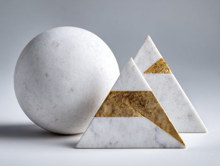 This image features a large white sphere next to two triangular objects with gold accents. The marble texture and clean lines create a minimalist aesthetic. The lighting is soft and diffused, creating a neutral backdrop. Suitable for various design, decorative, or conceptual projects.の素材
