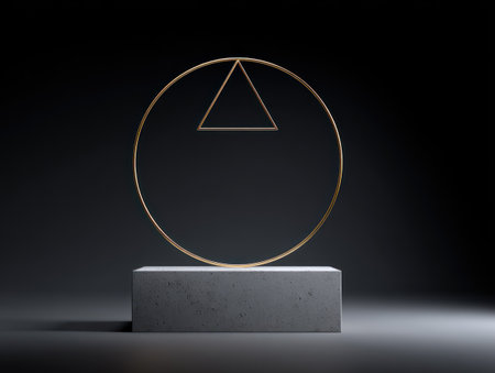 A golden circular shape with an embedded triangle rests on a concrete rectangular base. The composition exhibits a modern, minimalist style against a dark backdrop. The scene is illuminated by directed light. Suitable for advertising, design projects, and conceptual presentations requiring visual elements.の素材