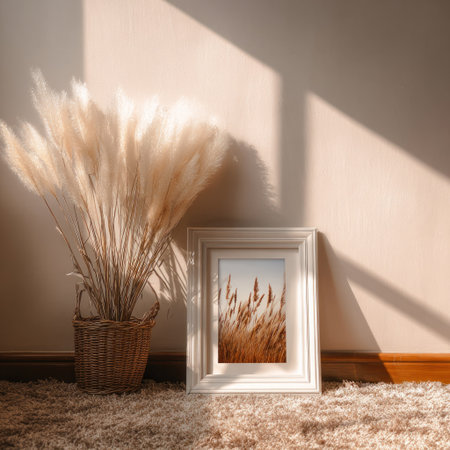 A close-up captures a woven basket of pampas grass beside a framed image. Warm sunlight casts shadows on a neutral-colored wall and carpeted floor. The composition uses natural tones and textures, conveying a sense of calm and simplicity. Suitable for various design, decor, and lifestyle publications.の素材