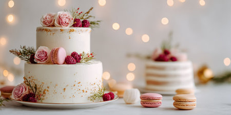 A beautifully presented two-tiered cake is the focal point, adorned with fresh flowers and macarons. The composition features a soft color palette with a blurred background of lights. This image could be suitable for various uses, including editorial and commercial projects related to celebrations and baking.の素材