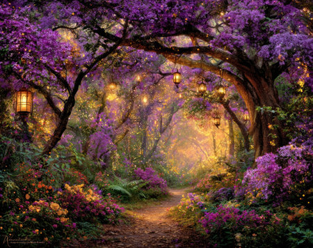 An illustration depicts a path winding through a vibrant forest. The composition showcases an abundance of purple and green hues in the foliage, with warm light emanating from lanterns and the sky. The image offers a sense of fantasy and could be used for various editorial and commercial purposes, such as book covers or website design.の素材