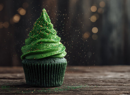 A close-up showcases a decorated cupcake, featuring vibrant green frosting styled like a fir tree, set against a blurred background with soft, golden lights. The cupcake sits on a rustic wooden surface. This image could be suitable for holiday-themed advertising, food blogs, or seasonal content.の素材