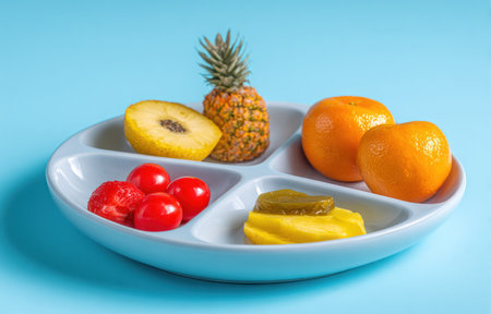 A close-up showcases a plate filled with colorful fruits and vegetables. The composition includes a pineapple, oranges, tomatoes, and other items. The objects are presented on a white plate against a vibrant blue backdrop. This image could be used for healthy eating, food preparation, or culinary articles.の素材