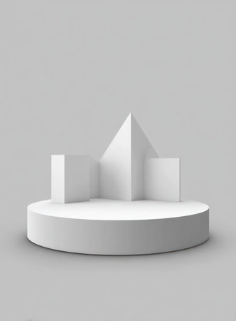 This image showcases a collection of white geometric forms, including a pyramid, cubes, and a cylinder, arranged on a stage. The composition utilizes a minimalist design with clean lines and soft shadows. Ideal for showcasing products or concepts, this image offers a versatile backdrop for commercial use or visual communication.の素材