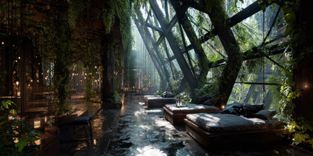 An interior space incorporates natural elements, creating a unique environment. Dramatic lighting streams through large windows, highlighting the textures and forms. The design suggests a blend of nature and architecture. Suitable for architectural, travel, or lifestyle projects, this image offers visual interest.の素材