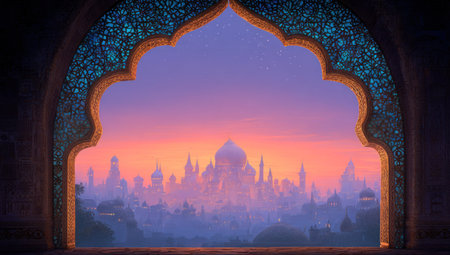 An evening landscape reveals a cityscape framed by an arch. The color palette features hues of orange, purple, and blue. The composition focuses on architectural details and the evening light. This image could be used for various purposes, including promotional materials or design elements.の素材