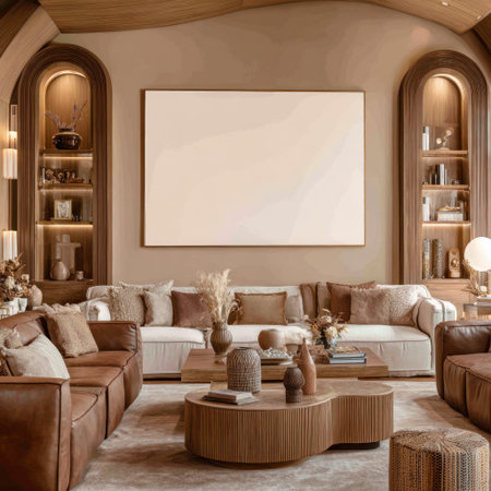 This living room interior displays a refined composition with a neutral color palette. It features comfortable seating, decorative objects, and large artwork on the wall. The space utilizes natural light, suggesting an inviting and comfortable atmosphere suitable for various interior design projects or visual content.の素材