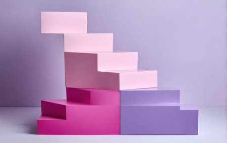 This abstract illustration presents a geometric staircase in varying shades of pink and purple. The composition showcases clean lines and sharp angles against a soft background. The lighting creates a sense of depth, highlighting the contrasting colors. Suitable for various design projects and commercial applications.の素材