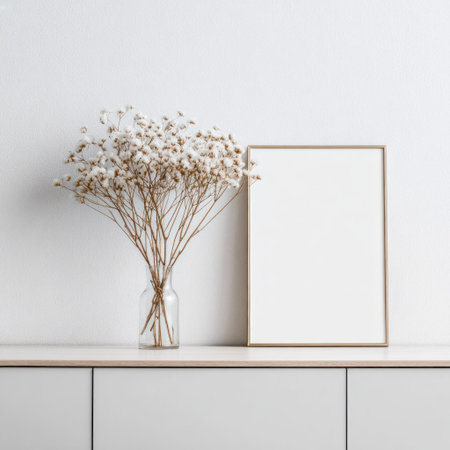 A still life arrangement features dried flowers in a glass vase alongside a rectangular picture frame against a white backdrop. The composition is clean and simple with natural light enhancing the delicate textures. Suitable for illustrating home decor, art, or creating visual concepts for presentations and marketing.の素材