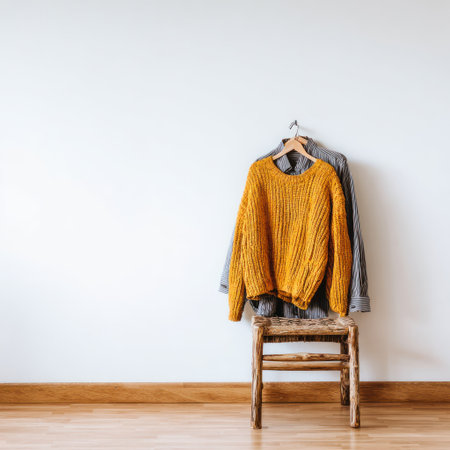 A textured yellow sweater and gray shirt hang on a wooden chair, positioned against a plain white wall. Warm tones and natural wood textures create a sense of simplicity. This image showcases a clean, uncluttered style, potentially suitable for fashion, lifestyle, or design-related visual content.の素材