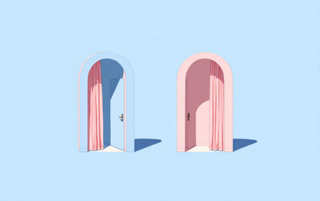 This minimalist illustration features two arched doorways in pastel pink against a pale blue backdrop. Soft, diffused lighting highlights the smooth surfaces and gentle curves of the architectural elements. The image's clean lines and flat design suggest a modern aesthetic, suitable for various design projects and commercial applications.の素材