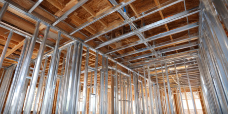An interior view showcases a building framework, highlighting metal studs and wooden beams. The construction displays a structured, geometric pattern. The combination of materials and textures suggests an environment under construction, suitable for architectural, or construction-related imagery. The image is suitable for various commercial uses.の素材
