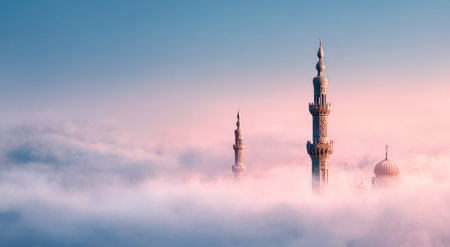 The image captures minarets emerging from a sea of clouds under a gradient sky. The architectural structures showcase intricate designs. Soft, diffused lighting creates a dreamlike atmosphere. It is suitable for design, travel, or conceptual projects, potentially for religious or cultural themes.の素材