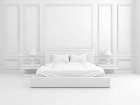 A fully white bedroom interior is presented, featuring a bed, nightstands, and detailed wall panels. The image showcases a monochromatic aesthetic with seamless textures and balanced composition. This setting suggests a modern and clean design suitable for architectural visualization, design projects, and interior concepts, creating a tranquil environment.の素材