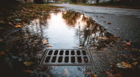 A metal drain cover sits at the center of a puddle on asphalt, reflecting the sky and surrounding environment. Fallen leaves and other natural debris float on the water's surface. The composition uses a low-angle perspective. Ideal for illustrating environmental themes and urban landscape concepts in various applications.の素材