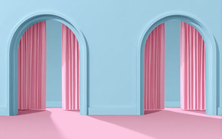 Two elegant arches frame pink curtains within a light blue interior. The scene presents a clean design with bold color contrasts. This image features a minimalist style, likely captured during the day with soft lighting, and suits various applications for visual content, including design and advertising.の素材