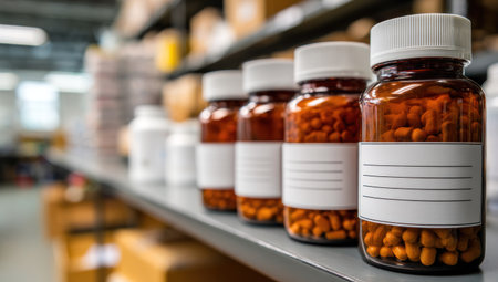 A row of pill bottles sit on a shelf. The amber-colored bottles are filled with medication. The labels are blank, with a white cap. The composition features a shallow depth of field, with soft lighting. This image could be used for healthcare publications, advertising, or pharmaceutical content.の素材