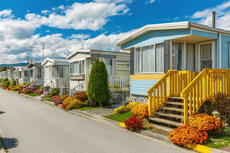 A row of mobile homes displays varied colors and architectural details. The structures stand in front of vibrant landscaping with seasonal flowers. The composition features a paved road under a bright blue sky with scattered clouds. These images could be suitable for real estate promotions or illustrating residential living.の素材