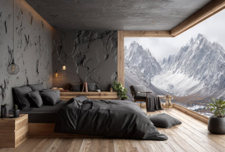 This image presents a contemporary bedroom interior, featuring a large window that frames a scenic mountain vista. The room utilizes a muted color palette, primarily gray and wood tones, with layered textures and lighting. Suitable for use in design publications, advertising materials, and for illustrating concepts of comfort and tranquility.の素材