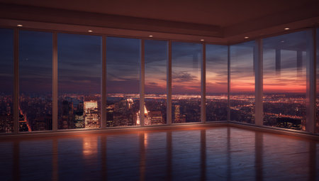 An empty room features expansive windows offering a sunset view over a cityscape. The room's minimalist design includes polished floors and recessed lighting. The composition emphasizes the contrast between the interior's neutral tones and the vibrant colors of the dusk sky, suitable for various design or conceptual projects.の素材
