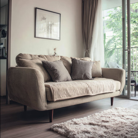A comfortable beige sofa with multiple cushions is the focal point of a well-lit interior. The composition is enhanced by natural light streaming through large windows. The scene features a rug, curtains and a framed artwork, suggesting a modern and relaxing setting suitable for interior design projects or lifestyle themes.の素材