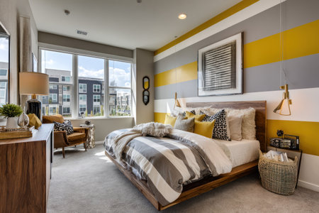 This bedroom features a bed with striped bedding, complementing the wall decor. Various elements such as side tables and lamps are visible. The scene is illuminated by natural light from large windows. Suitable for interior design, real estate, and lifestyle content.の素材