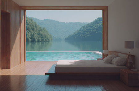 This image presents a modern bedroom with a large window framing a serene mountain lake view, alongside an adjacent infinity pool. The interior boasts clean lines and minimalist design, with wooden accents and neutral colors. The natural light from the panoramic window creates a calm and inviting atmosphere. Suitable for use in architecture, travel, and design publications.の素材