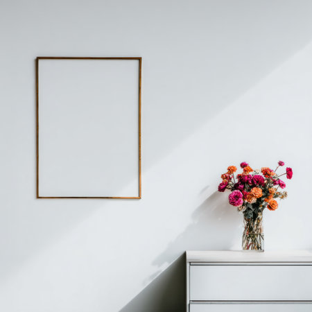 An empty picture frame hangs on a plain wall near a cabinet, with a vibrant floral bouquet. The composition features a combination of white and brown. Natural light casts shadows, suggesting an indoor setting. Suitable for various design, lifestyle, and home decor applications.の素材
