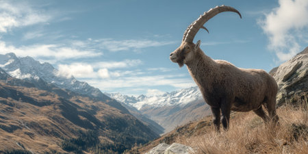 An ibex stands prominently on a hillside, its large curved horns a striking feature. The scene presents a high-angle view with the animal against a backdrop of mountains and a blue sky dotted with clouds. The image displays natural lighting and could be suitable for editorial or commercial applications, conveying themes of nature and wildlife.の素材