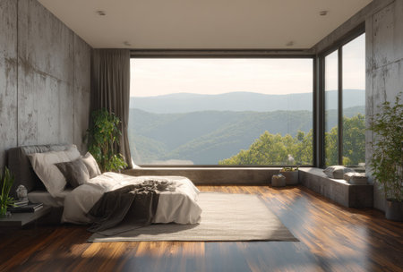 A contemporary bedroom showcases a large window framing a vast mountain range. The room features a bed with soft bedding, wooden floors, and concrete walls. Daylight streams in, illuminating the space, with plants adding a touch of nature. Suitable for architectural, interior design, or lifestyle visual content.の素材