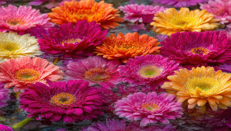 Vivid, floating gerbera daisies in an array of bright colors on water's surfaceの素材