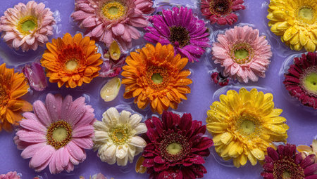 Colorful gerbera daisies floating on a light purple surface with water dropletsの素材
