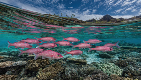 Half-underwater shot of pink fish schooling over coral, with sky &amp; land in the backgroundの素材