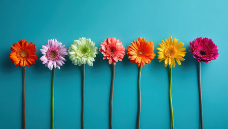Vibrant gerbera daisies in varying colors, arranged in a row against a blue backgroundの素材