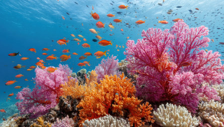 Underwater scene with colorful coral and orange fish. Sunny with light filtering downの素材