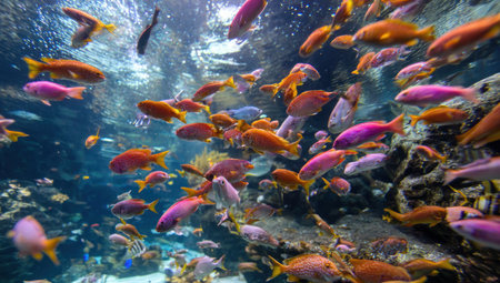 Underwater shot of vibrant fish schooling in a large aquarium setting. Beautiful colorsの素材