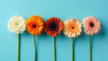 Five vibrant gerbera daisies in varied hues against a solid light blue backdropの素材