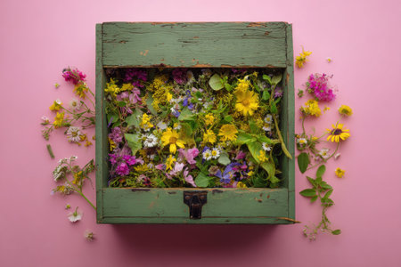 A vintage green wooden box overflows with vibrant wildflowers against a pink backdropの素材