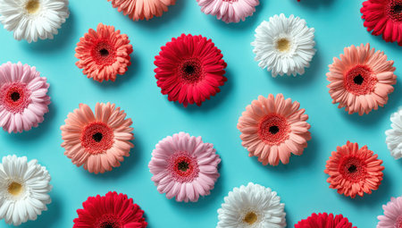 Overhead view of vibrant gerbera daisies in varied colors against a bright, teal backgroundの素材