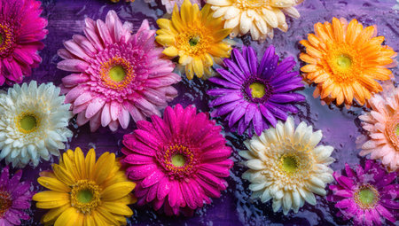 Colorful gerbera daisies afloat in water with a vibrant, saturated, wet backgroundの素材