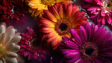 Vibrant gerbera daisies float in water, showcasing a range of colors from white to deep redの素材