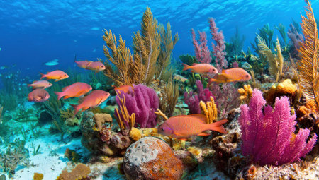Underwater coral reef scene with vibrant colors and a school of orange fish swimming byの素材