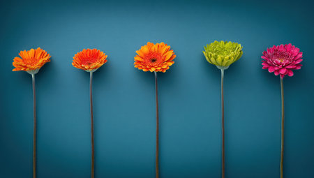 Five colorful daisies in a row, with long stems, on a solid teal backgroundの素材