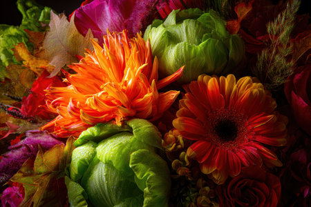 A vibrant, close-up bouquet bursting with colorful petals and leafy greensの素材