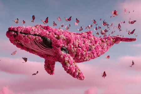 A whale shaped like a flower arrangement floats in a sky filled with butterfliesの素材