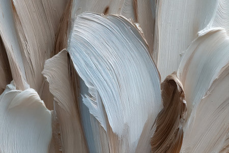 Close-up of thick, layered brushstrokes in neutral tones, creating an abstract textureの素材