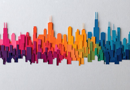 Paper-cut skyline in rainbow gradient, depicting city buildings against a white backdropの素材